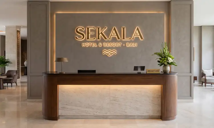 Logo di belakang meja resepsionis, Sumber: AI
